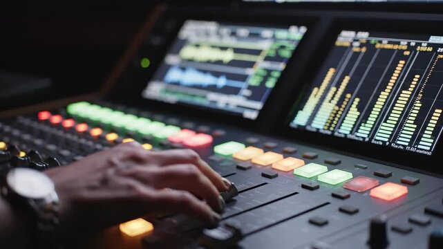 Sound engineer hand adjusting faders on audio mixing console