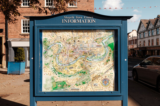 Morpeth UK: 26th Sept 2025: Morpeth Town Council shows a detailed map at a public information board in Morpeth during a sunny day