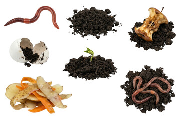 Obraz premium Composting Concept: Decomposition of Organic Waste, Worms, and Soil on White Background