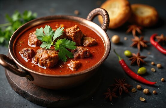 Rich beef curry served in copper pot with fresh parsley garnish. Garnished with star anise, chili peppers, and olives. Traditional Indian meal presentation, spiced.