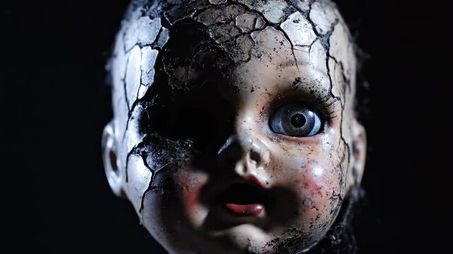 Creepy broken doll head turning slowly in darkness