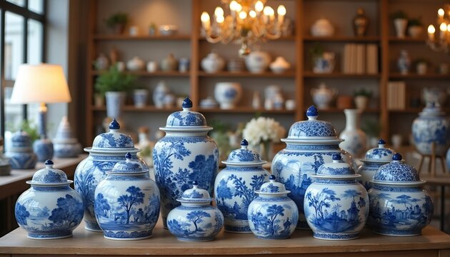 Collection of blue and white porcelain vases with intricate patterns and lids sit on a wooden table. Shelves with ceramic pots and decorative items fill the background.