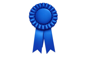 Blue rosette ribbon with two hanging tails illustrating first place award, top achievement, and competition success. Transparent background