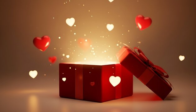 Red gift box opening with glowing hearts and magical sparkles.