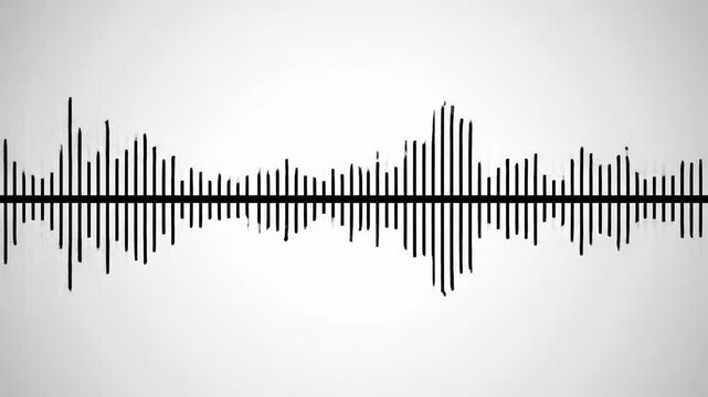 A sleek, dynamic audio sound wave equalizer graph with thin, black lines pulsing against a white studio background with a central axis line, representing sound frequencies. Concept of modern sound