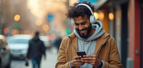 Man with headphones smiles while using smartphone on city street. Person enjoys music or podcast outdoors. Urban guy checks phone message, walks casually, oblivious to blurred background cars.