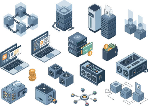 Blockchain Technology Icons Isometric Crypto Mining and Data Storage