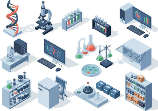 Isometric Science Lab Equipment DNA, Microscopes, and Beakers