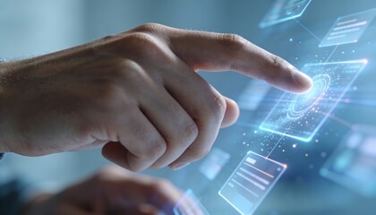 A hand interacting with a futuristic digital interface with glowing icons