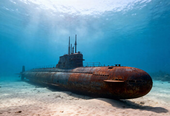 Fototapeta premium Underwater view of a rusty submarine shipwreck on the ocean floor. Sunken military vessel abandoned on the sandy seabed