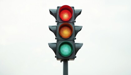 Traffic light with red, yellow, and green signals illuminated. Vertical traffic signal post stands against a clear sky. This device controls vehicle and pedestrian movement.