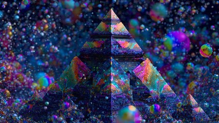 Prismatic Pyramid: An artistic view of a geometric pyramid, bathed in a kaleidoscope of colors from the bubbles that surround it