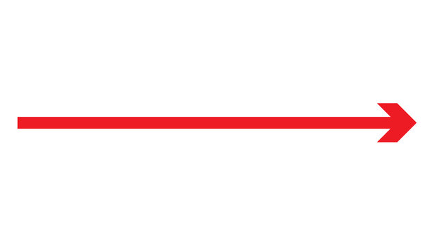 A slender red arrow indicating the rightward direction on a stark white backdrop. This minimalist symbol conveys movement, progress, and navigation.