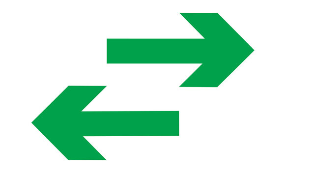 Two green arrows parallel to each other, pointing in opposite directions, isolated on white, vector for exchange or communication