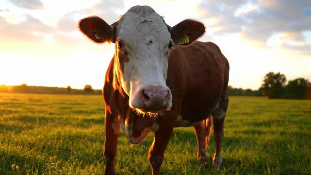 A gentle dairy cow peacefully chews cud in a lush green pasture, silhouetted against a golden hour sunset with warm anamorphic lens flares, and creamy bokeh. Peaceful nature concept
