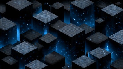 Abstract Cityscape: An abstract architectural display of dark cubic structures, highlighted with vibrant blue lighting, simulating a futuristic city landscape with an interplay of light and shadow.
