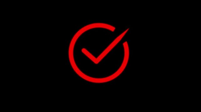 check mark Successfully, check mark Red icon with shadow animation on Black background, Yes checkmark icon symbol Animation.