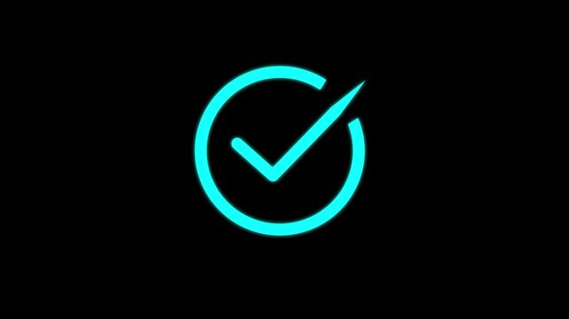 check mark Successfully, check mark Cyan icon with shadow animation on Black background, Yes checkmark icon symbol Animation.