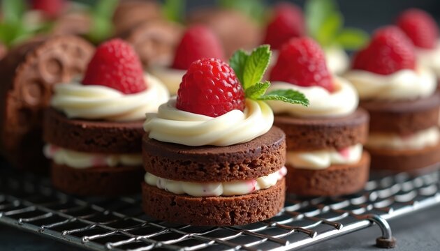 Mini chocolate cakes with cream and fresh raspberries piled high. Tiny desserts layered with rich frosting and fruit on a cooling rack. Perfect for celebrations, parties or any sweet treat occasion.