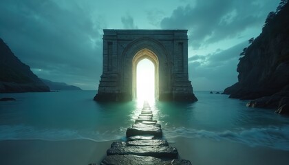 Ancient stone archway portal with bright light glows on ocean coast at night. Stone path leads into mystical gateway over blue water waves. Serene fantasy seascape.