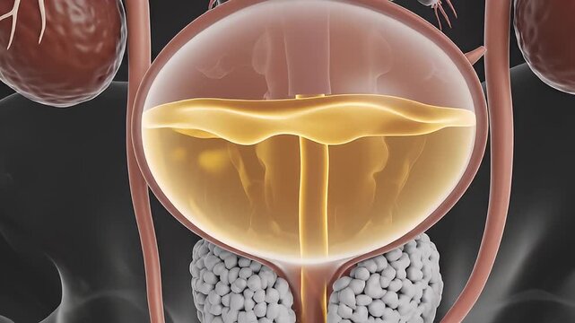 Detailed Medical Illustration of Human Urinary System and Kidney Function.