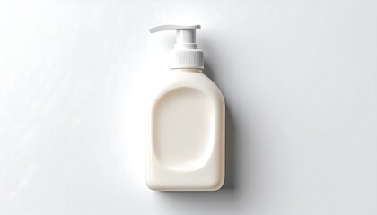 A neutral overhead shot of a white soap dispenser against a clean, white background