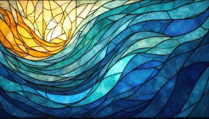 Fototapeta premium Abstract stained glass design featuring flowing waves of blue and turquoise against bright yellow sunburst. Intricate dark lines divide colorful sections. Pattern suggests movement and light.