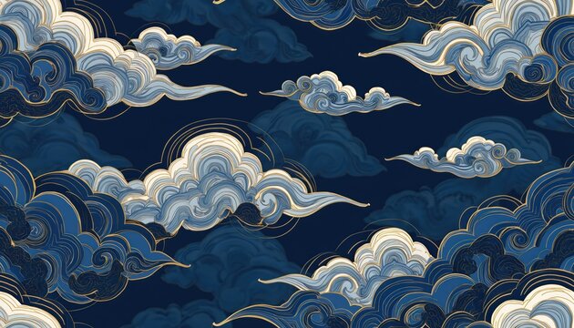 Artistic illustration shows stylized blue clouds with gold outlines against dark navy background. This seamless pattern design mimics traditional Japanese artwork, evokes sense of calm, serenity.