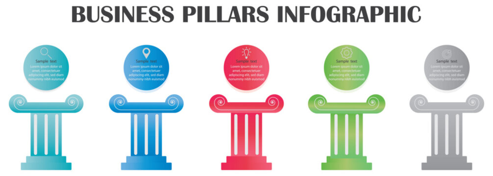 Pillar Infographic layout element in the form of a Greek temple with columns. 5 pillars of holistic health infographic template banner with left column . 