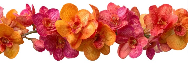 Fototapeta premium A vibrant array of orange and pink orchids cascade across a stark white backdrop, showcasing their delicate petals and unique beauty.