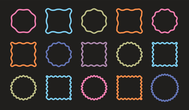 Geometric shapes with scallop and zigzag edges set. Scallop frame wavy retro stickers . Vector illustration. 