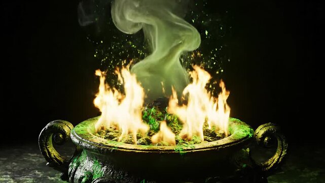 Mysterious cauldron with magical green liquid bubbling over fiery flames and smoke