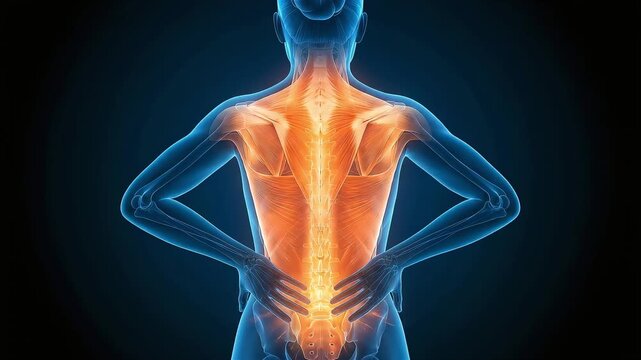 A medical 3D illustration visualizing pain and muscle inflammation throughout a woman's back