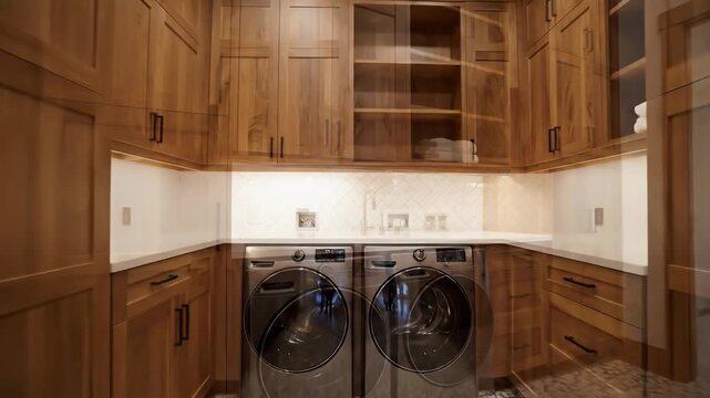 Modern interior design for a spacious laundry room with custom wood cabinetry and sleek appliances