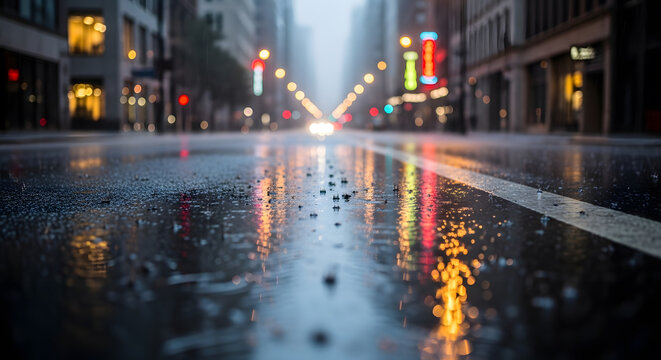 Rainy City Street: Reflections and Urban Atmosphere