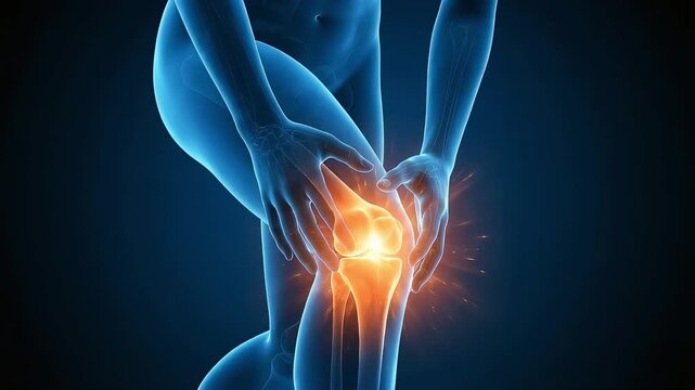Close-up of inflammation and pain in a woman's knee joint. Medical 3D animation