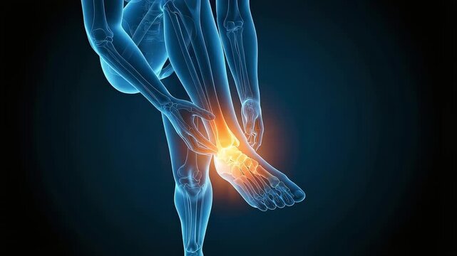 3D anatomical animation visualizing a woman's ankle joint pain and sprain