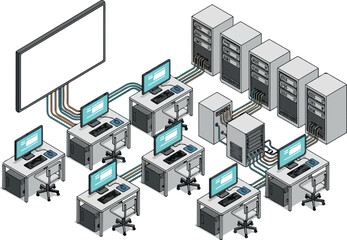 Fototapeta premium Networked Computer Setup with Servers and Display Screen Illustration