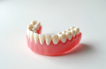 Obraz premium Dental prosthesis set of artificial teeth on white background. Pink gum base and white teeth model. Dentistry education tool for tooth replacement.