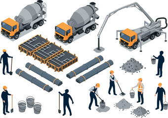 Concrete mixer and workers at construction site isometric vector illustration © Chico Store