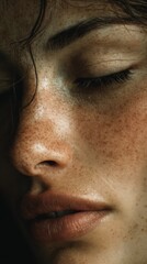 Obraz premium woman with visible pores and natural imperfections, emotional saturation concept, tactile skin realism, close portrait, neutral tones