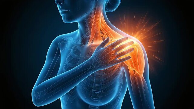 3D medical illustration visualizing inflammation and stiffness in a woman's shoulder muscles