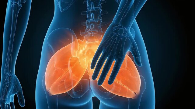 3D medical illustration visualizing sciatica and buttock muscle pain in a woman