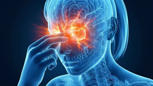 3D medical illustration of a woman suffering from severe eye strain and migraines