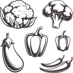 Black and of cauliflower broccoli bell peppers eggplant and chili peppers