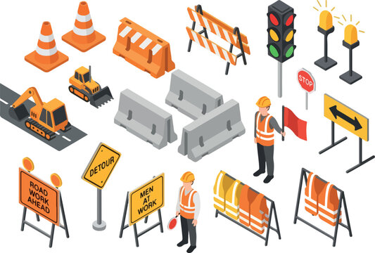 Construction Site Equipment and Worker Isometric Icons