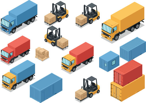 Isometric Logistics Trucks, Forklifts, and Cargo Container Vectors