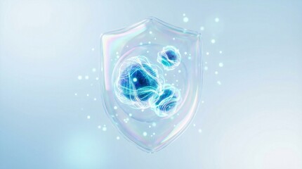 Futuristic shield protecting glowing blue neurons on light blue background