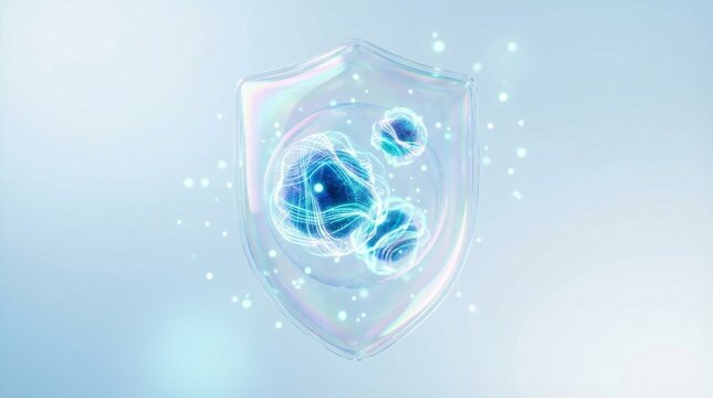 Futuristic shield protecting glowing blue neurons on light blue background