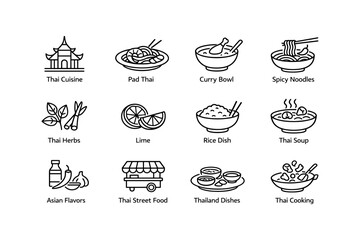 Fototapeta premium Icons of thai cuisine: pad thai, curry, spicy noodles, herbs, lime, rice, soup, asian flavors